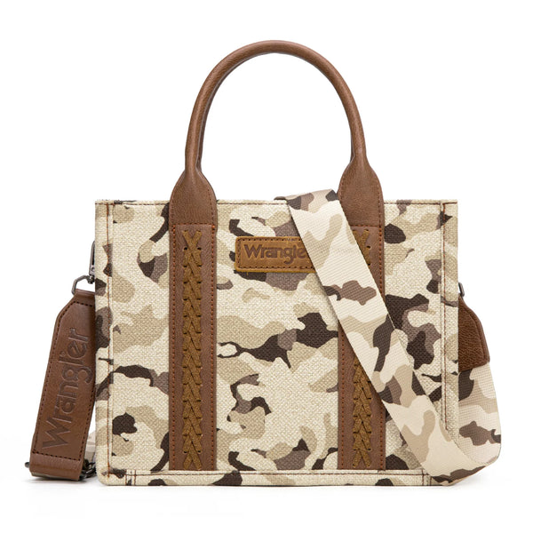Wrangler Dual Sided Camo Print Small Canvas Tote/Crossbody in Camo Brown