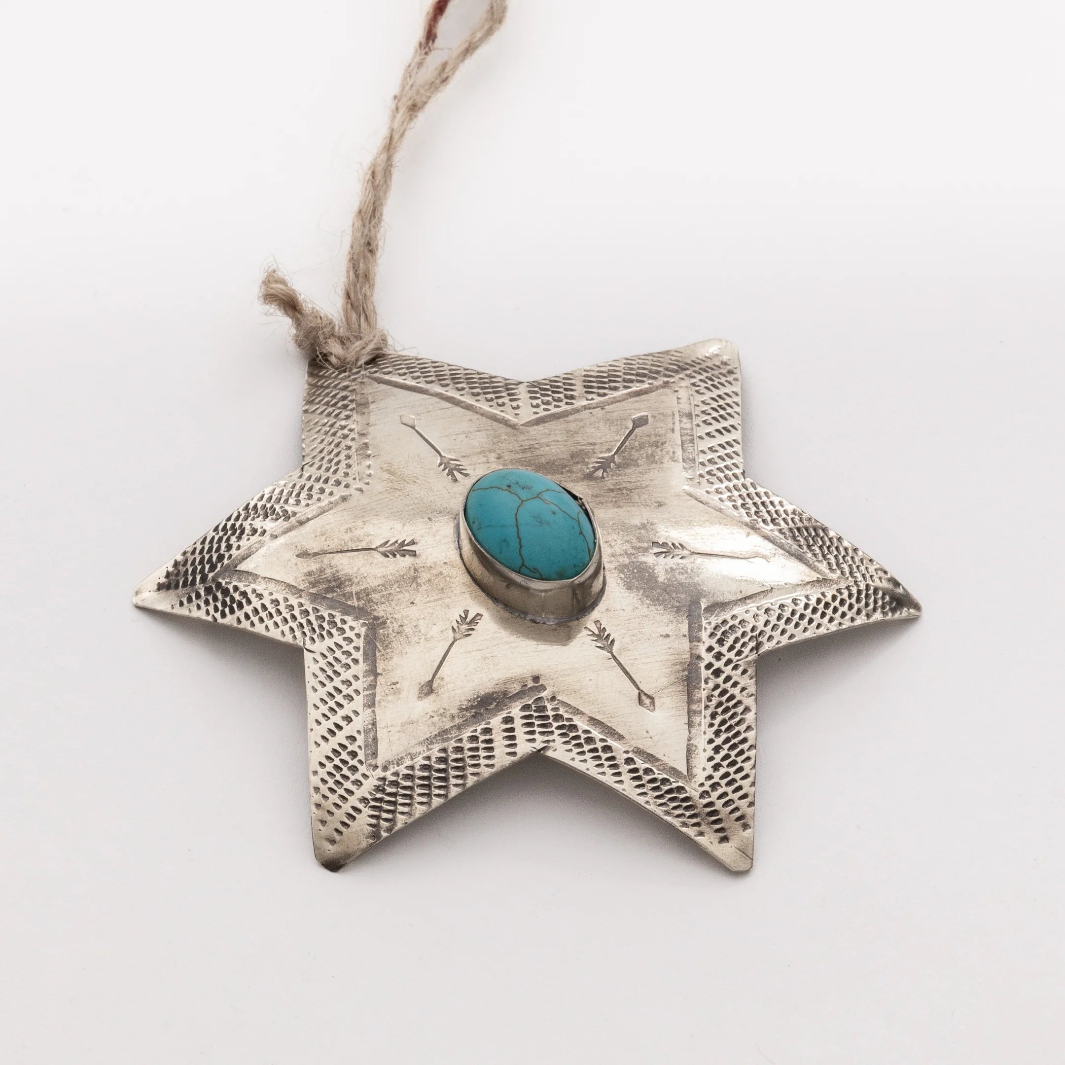 Stamped Silver Star Ornament With Turquoise Stone - Thumbnail 2