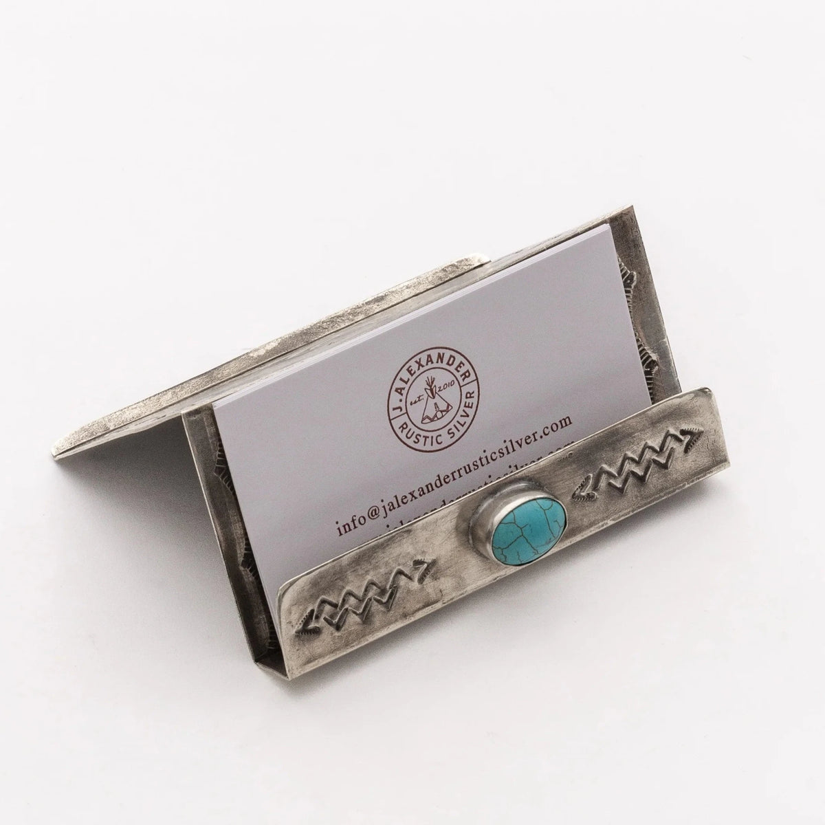 Stamped Silver Business Card Holder With Turquoise By J. Alexander Rustic Silver
