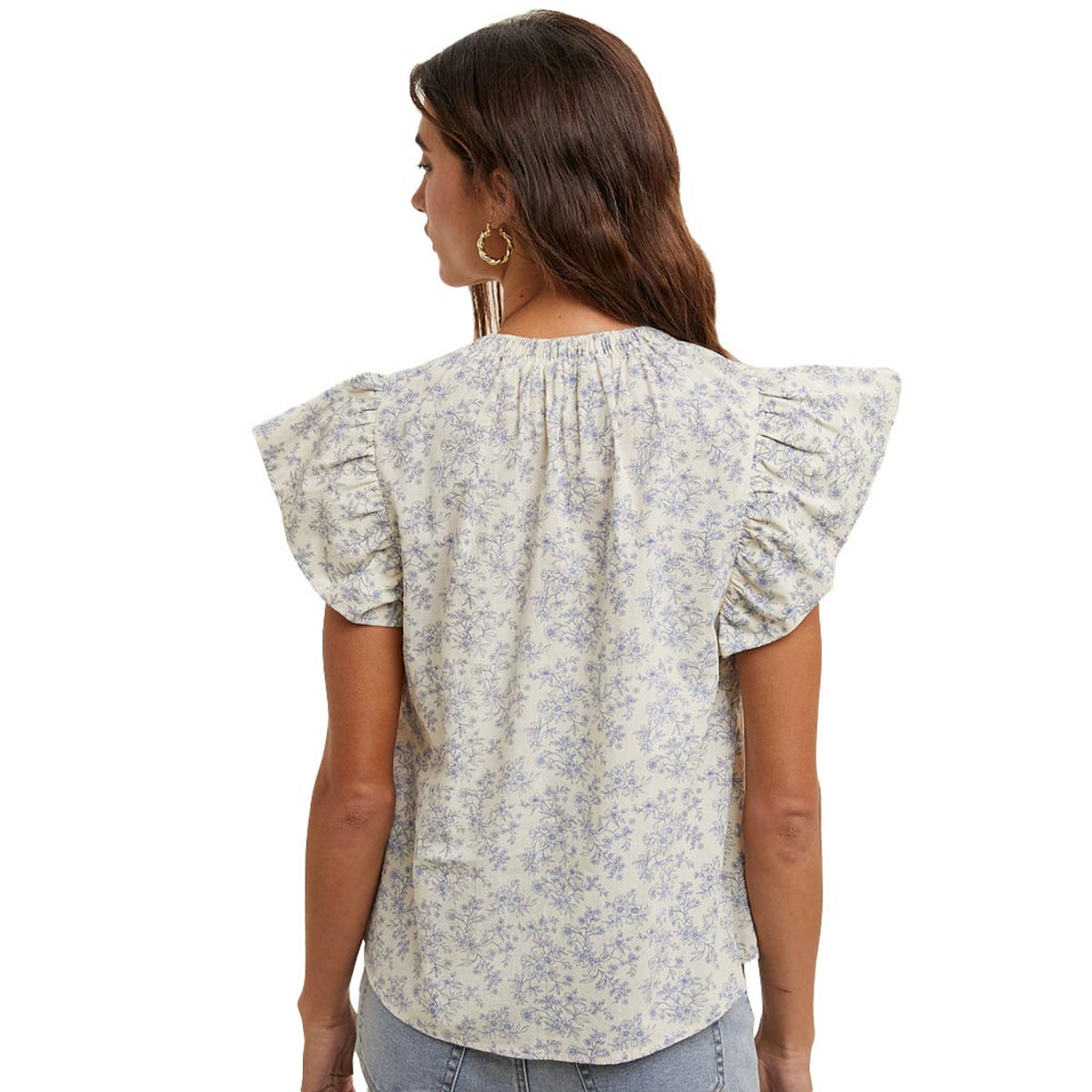 Women's Floral Ruffle Sleeve Blouse in Blue Natural