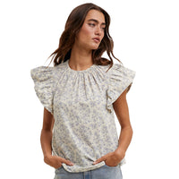 Women's Floral Ruffle Sleeve Blouse in Blue Natural