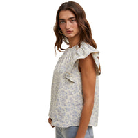 Women's Floral Ruffle Sleeve Blouse in Blue Natural