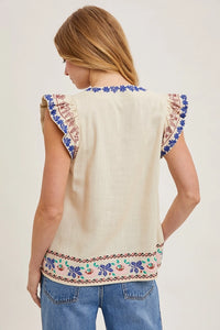 Women's Boho Floral Embroidered Ruffle Sleeve Blouse in Oatmeal