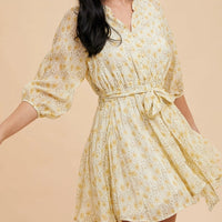 Women's Button Front Floral Flare Mini Dress in Buttercup Yellow