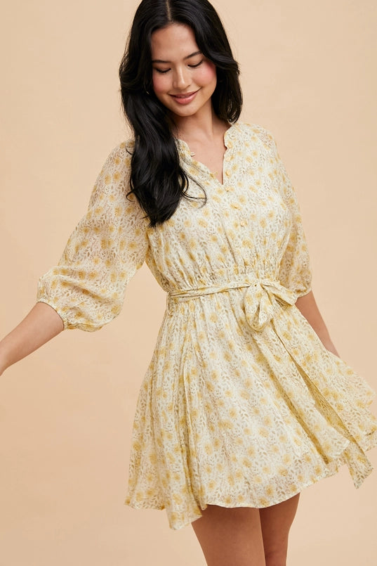 Women's Button Front Floral Flare Mini Dress in Buttercup Yellow