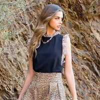 Women's High Neck Ruffle Sleeve Knit Top in Black with Leopard Trim