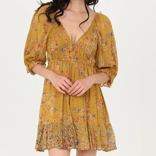 Women's Floral Half Poet Sleeve Mini Dress in Honey
