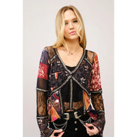 Women's Lace Inset Western Patchwork Chiffon Blouse