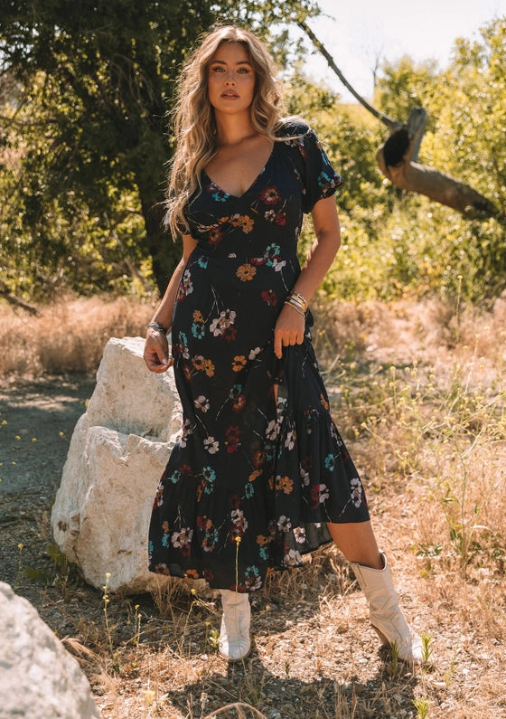 Women's Floral V-Neck Puff Sleeve Maxi Dress in Navy
