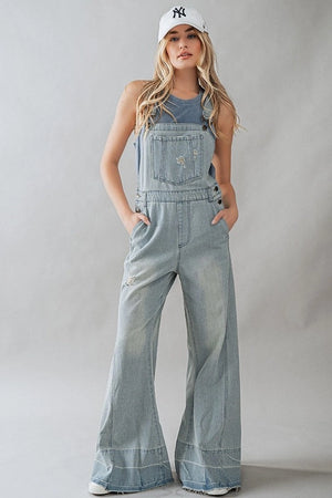 Women's Distressed Wide Leg Flare Denim Overalls in Light Wash