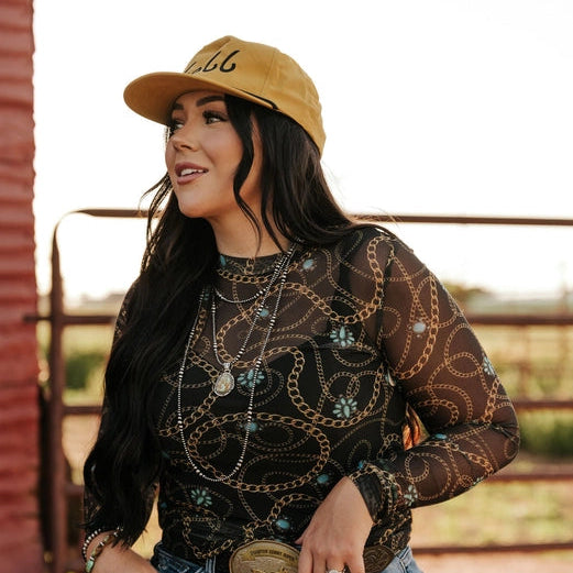 Women's L/S Gold Chain and Turquoise Mesh Top in Black