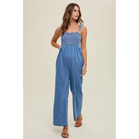 Women's Smocked Bust Denim Jumpsuit in Mid Wash