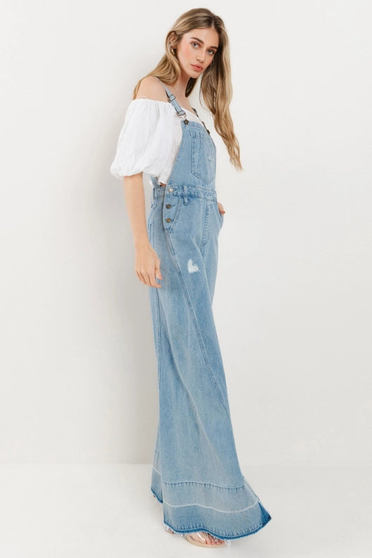 Women's Distressed Wide Leg Denim Overalls in Light Wash Branded Country Wear Women's Distressed Wide Leg Denim Overalls in Light Wash Branded Country Wear