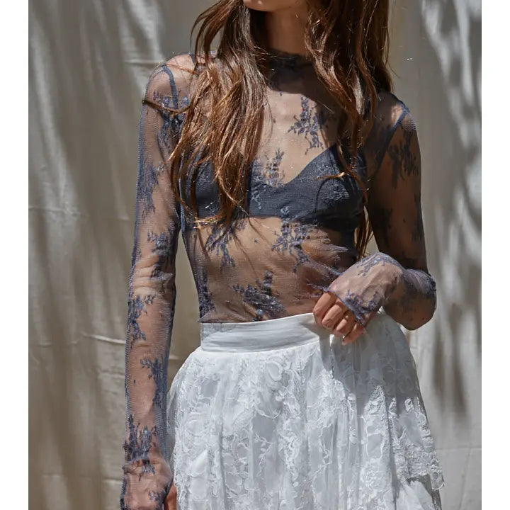 Women's L/S Sheer Floral Lace Mock Neck Mesh Top (Available in 4