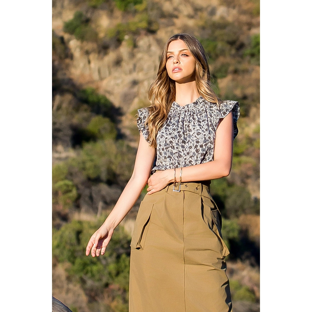 Women's High Neck Ruffle Sleeve Knit Top in Cheetah Green