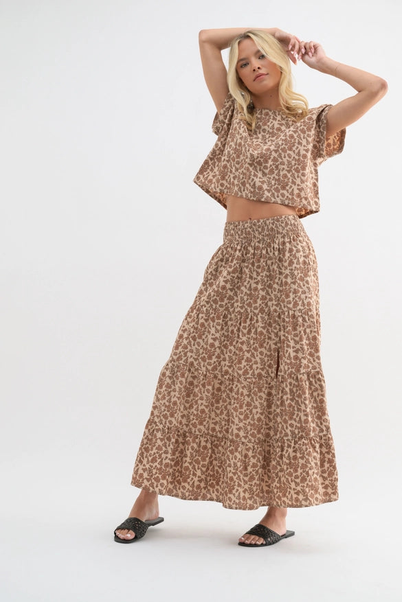 Women's Two Piece Floral Maxi Dress in Taupe