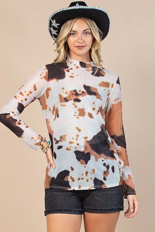 Women's Cow Print Semi-Sheer Mesh Long Sleeve Mock Neck Shirt