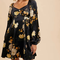 Women's Satin Milkmaid Flared Mini Dress in Midnight Floral