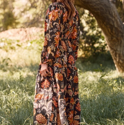 Women's L/S Floral Printed Midi Dress in Black (Available in Plus Sizes)