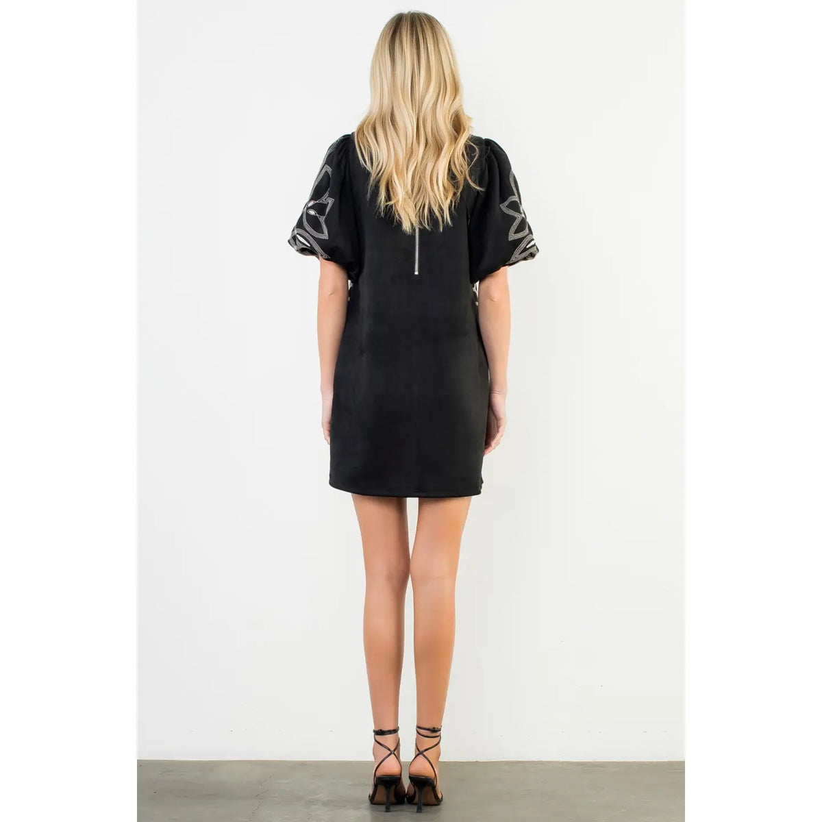 Women's Puff Sleeve Embroidered Dress in Black