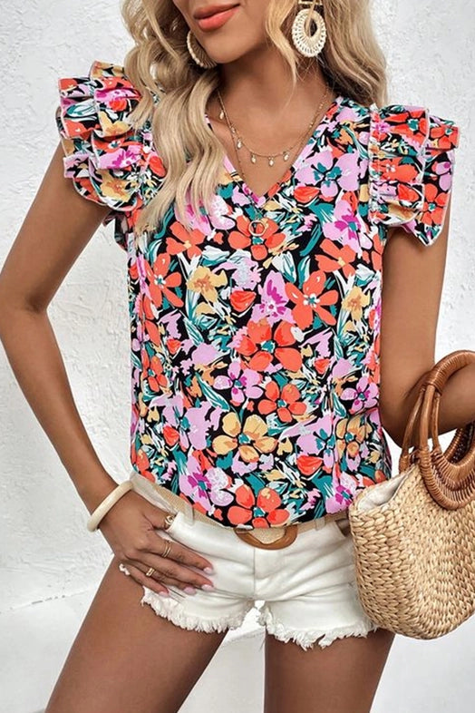 Women's Floral Tiered Ruffle Sleeve Blouse in Multicolor