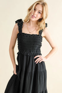 Women's Ruched Strapped Smocked Midi Dress (Available in Black & Camellia)
