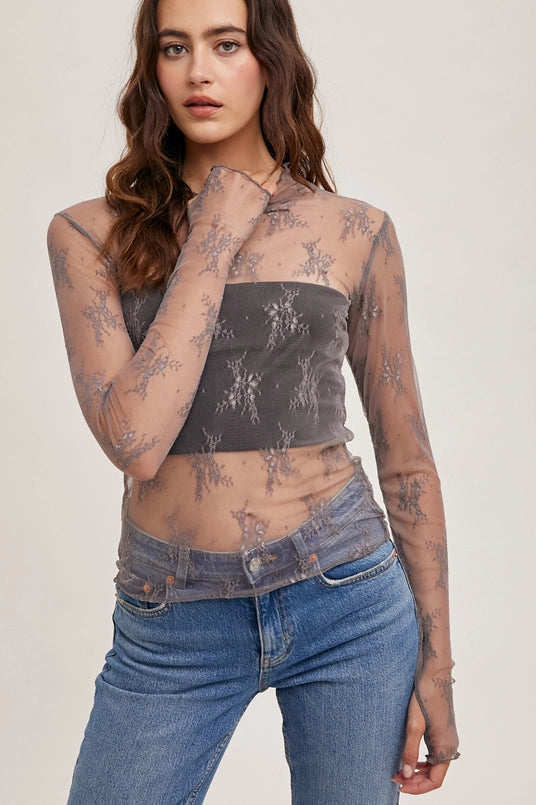 Women's L/S Sheer Floral Lace Mesh Top (Available in Mauve or Hazelnut)