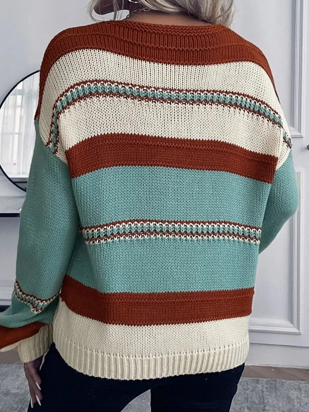 Women's Striped V-Neck Knit Sweater in Blue