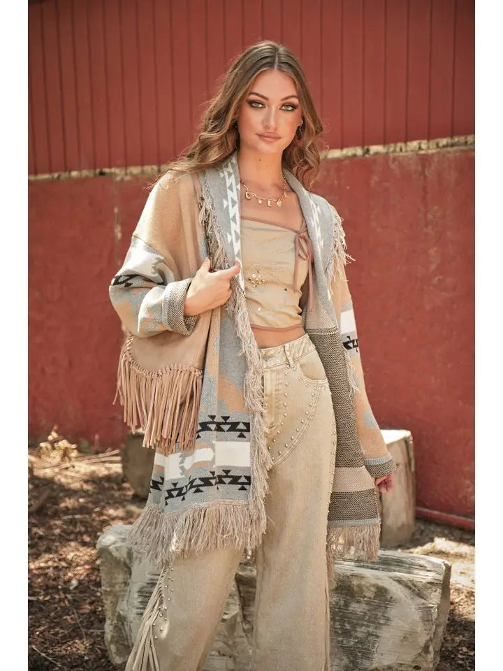 Women's Western Pattern Fringe Detail Belted Cardigan in Taupe