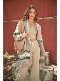 Women's Western Pattern Fringe Detail Belted Cardigan in Taupe