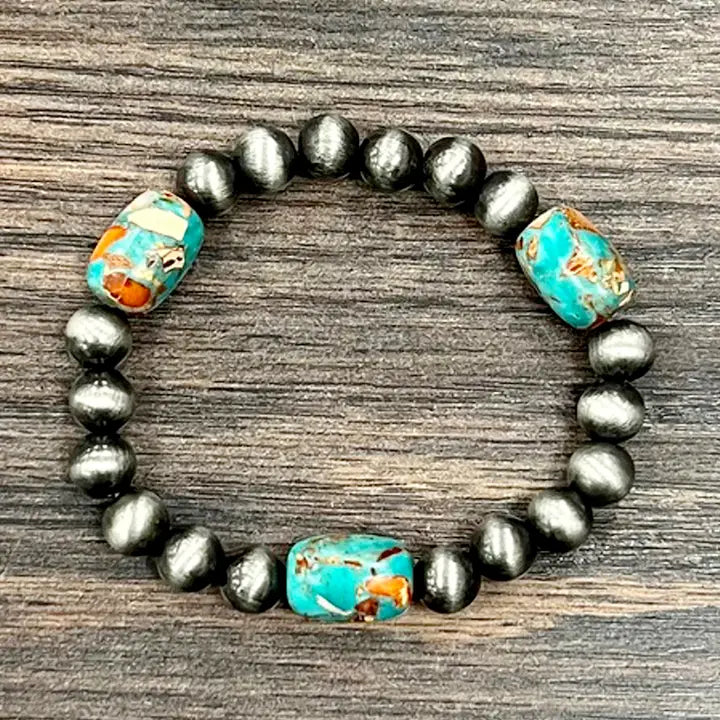 Handmade Navajo Inspired Gemstone and Pearl Stretch Bracelet