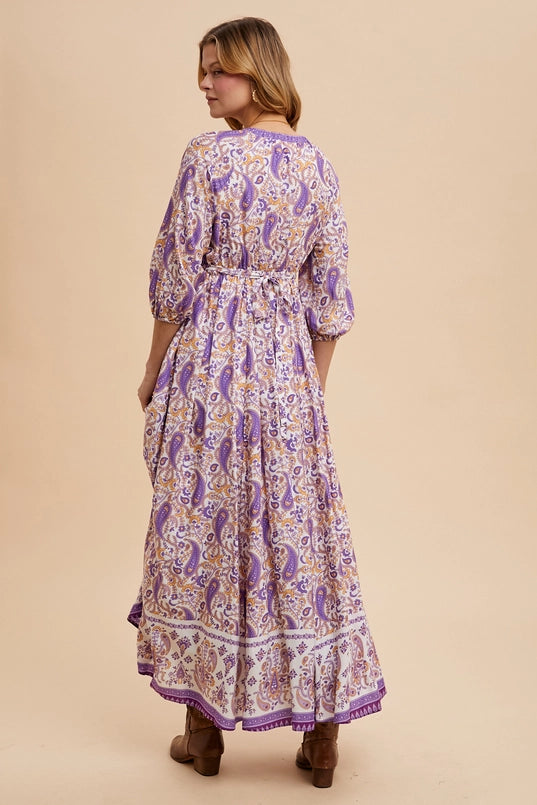 Women's V-Neck Floral Paisley Border Maxi Dress in Crocus Purple