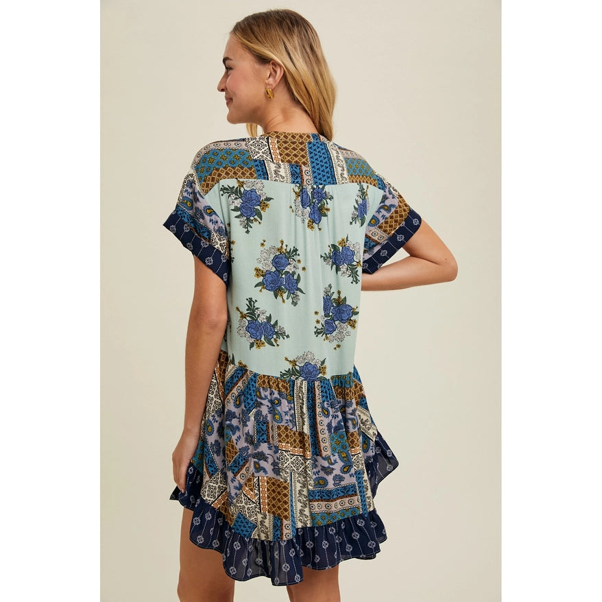 Women's S/S Multi-Print Mini Dress in Mint