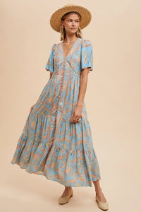 Women's Border Floral Button Front Midi Dress in Dusty Blue