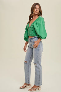 Women's Cropped Ruched Deep V-Neck Blouse in Green