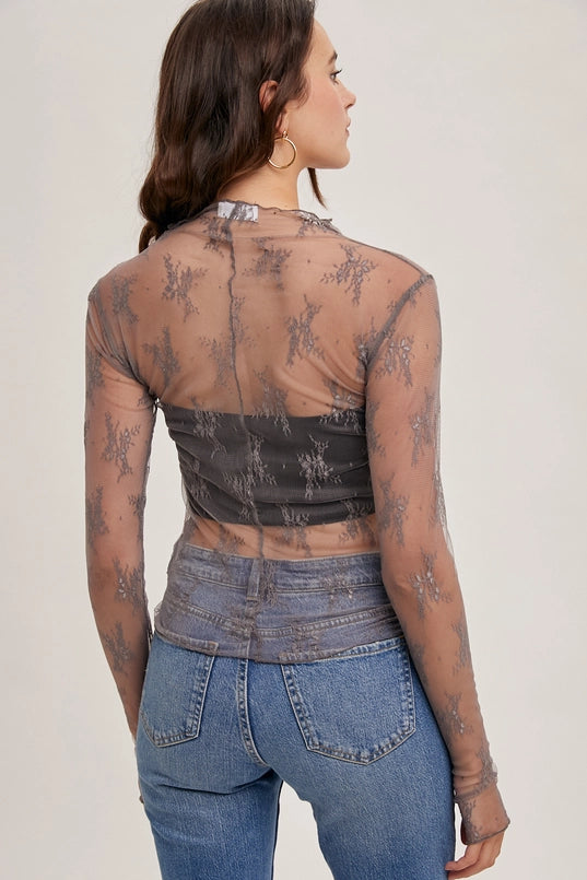 Women's L/S Sheer Floral Lace Mesh Top (Available in 3 Color Options)