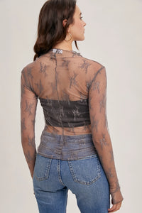 Women's L/S Sheer Floral Lace Mesh Top (Available in Mauve or Hazelnut)