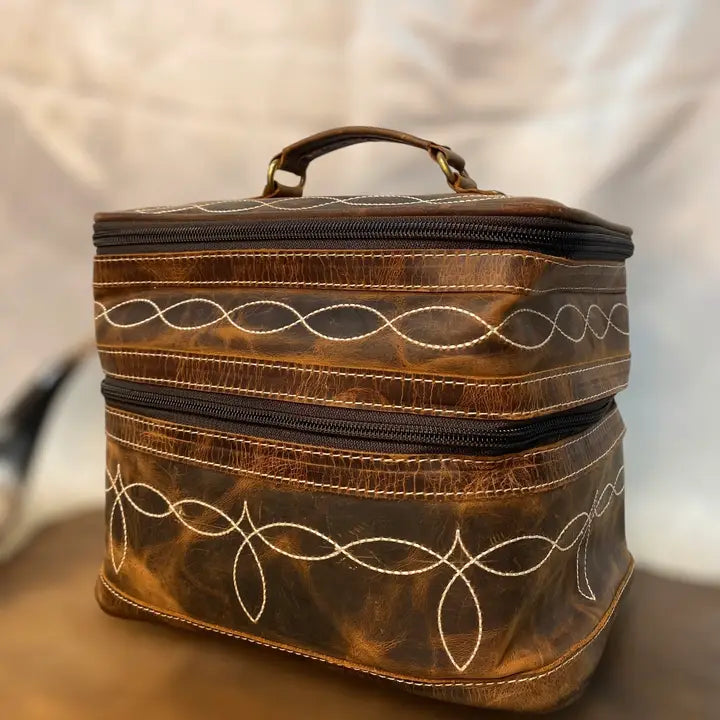 Rustic Genuine Leather Boot Stitch Train Case