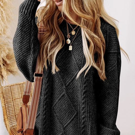 Women's Cable Knit Drop Shoulder Sweater Dress in Black