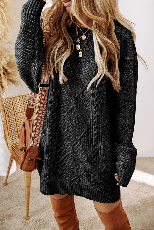 Women's Cable Knit Drop Shoulder Sweater Dress in Black XX-Large Women's Cable Knit Drop Shoulder Sweater Dress in Black XX-Large