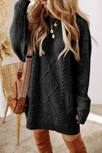 Women's Cable Knit Drop Shoulder Sweater Dress in Black