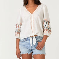 Women's Floral Embroidered Tie Front Blouse in Natural