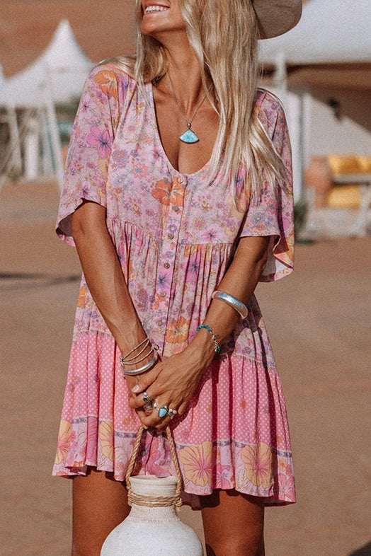 Women's Hibiscus Floral Ruffled Mini Dress in Pink Women's Hibiscus Floral Ruffled Mini Dress in Pink