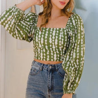 Women's Long Puff Sleeve Geometric Cropped Blouse in Turtle Green