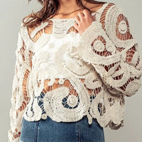 Women's Crochet Bell Sleeved Sweater in Cream