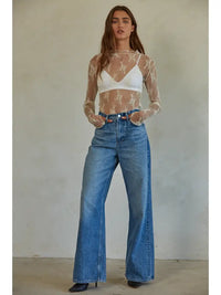 Women's L/S Sheer Floral Lace Mock Neck Mesh Top (Available in 4 Colors)