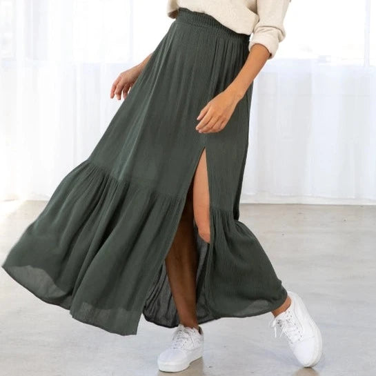Women's Bohemian Tiered Maxi Skirt in Military Green