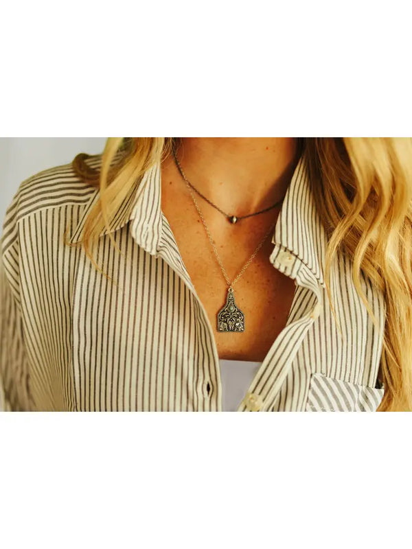 Silver Floral Filigree & Turquoise Stone Cattle Tag Necklace