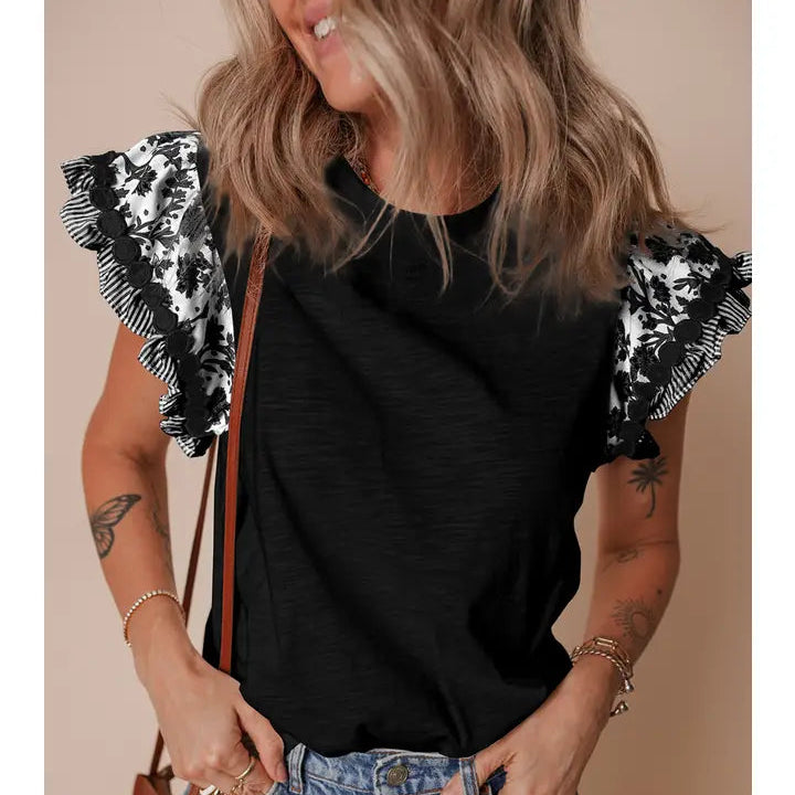 Women's Ricrac Trim Contrast Patchwork Flutter Sleeve Shirt (Available in 2 Colors)