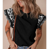 Women's Ricrac Trim Contrast Patchwork Flutter Sleeve Shirt (Available in 2 Colors)